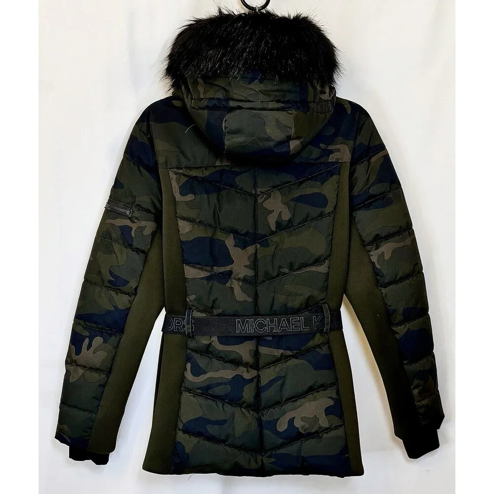 Michael Kors Camo Puffer Faux Fur Trim Hooded Coat Jacket Belted Size Large NWOT